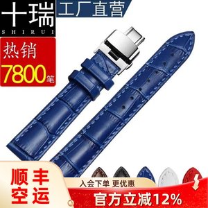 十瑞真皮表带男适用DW依波蓝色罗西尼手表带西铁城浪琴天梭美度女