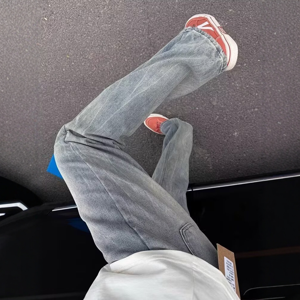水洗闪电蓝微喇牛仔裤男夏季薄款提裆裤子美式高街显瘦修身直筒裤