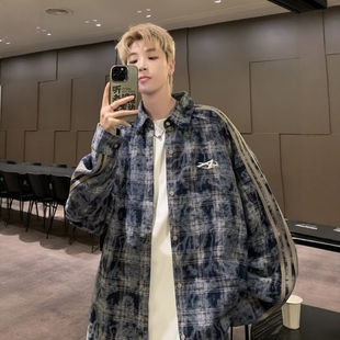 三条杠扎染格子长袖衬衫男款2024春秋季新款美式复古宽松衬衣外套