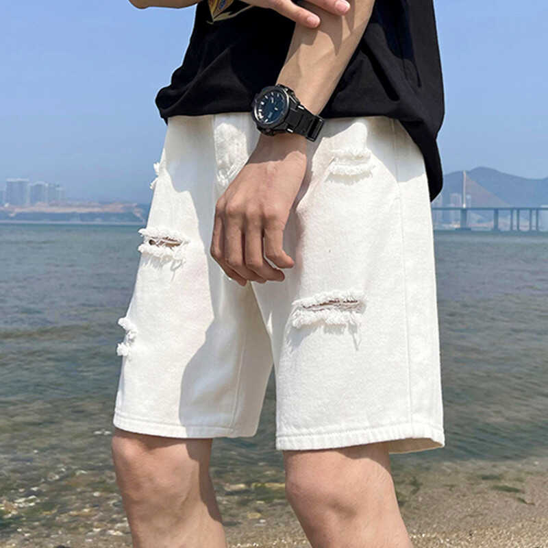 白色破洞牛仔短裤男款夏季薄款美式vibe高街高级感潮牌潮流五分裤
