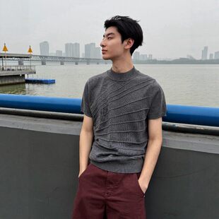灰色老钱风放射线针织短袖男款夏季美式小领口重磅t恤设计感上衣