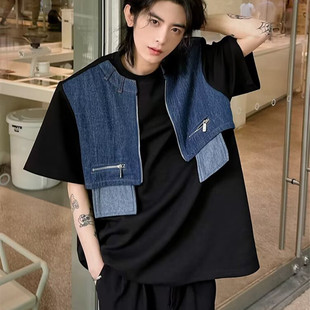 解构小众设计感垫肩短袖男模穿搭潮流衣服高级感牛仔拼接美式T恤
