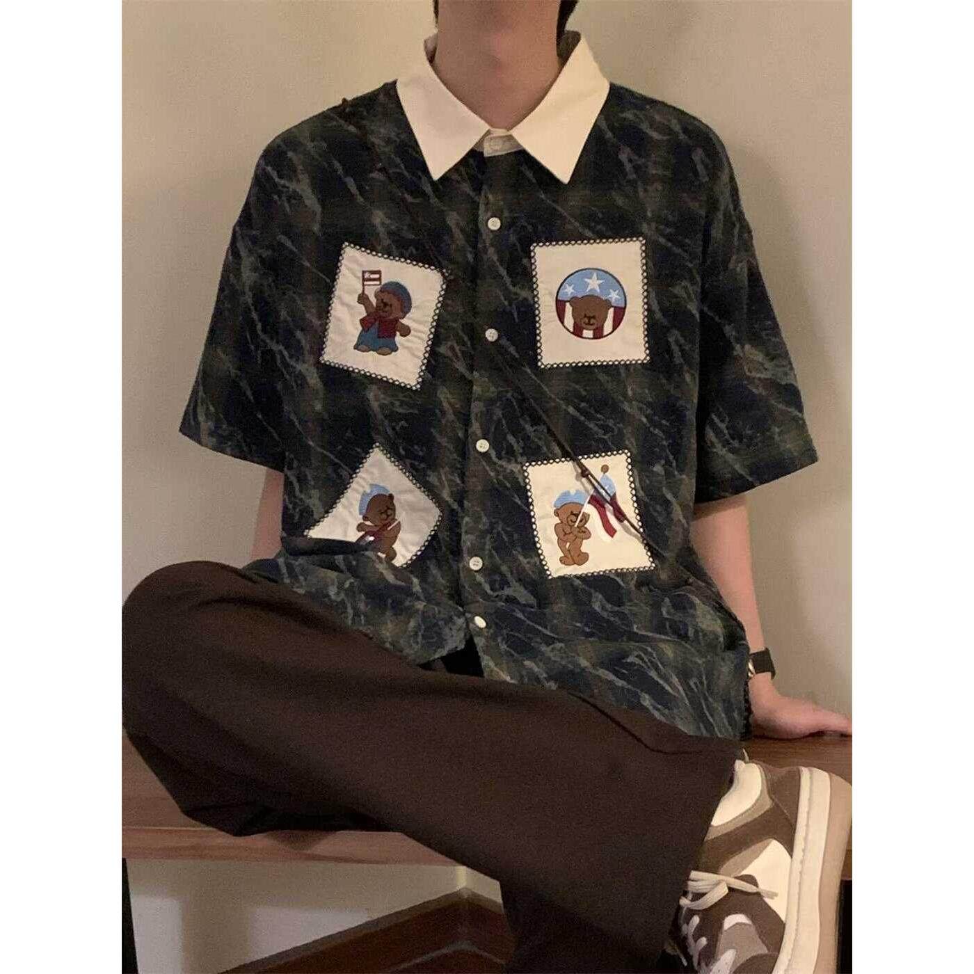 卡通贴布刺绣格纹短袖衬衫男夏