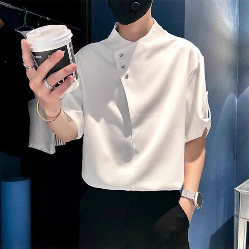 冰丝短袖衬衫男士夏季新款高级感痞帅五分袖潮牌立领中袖T恤衣服