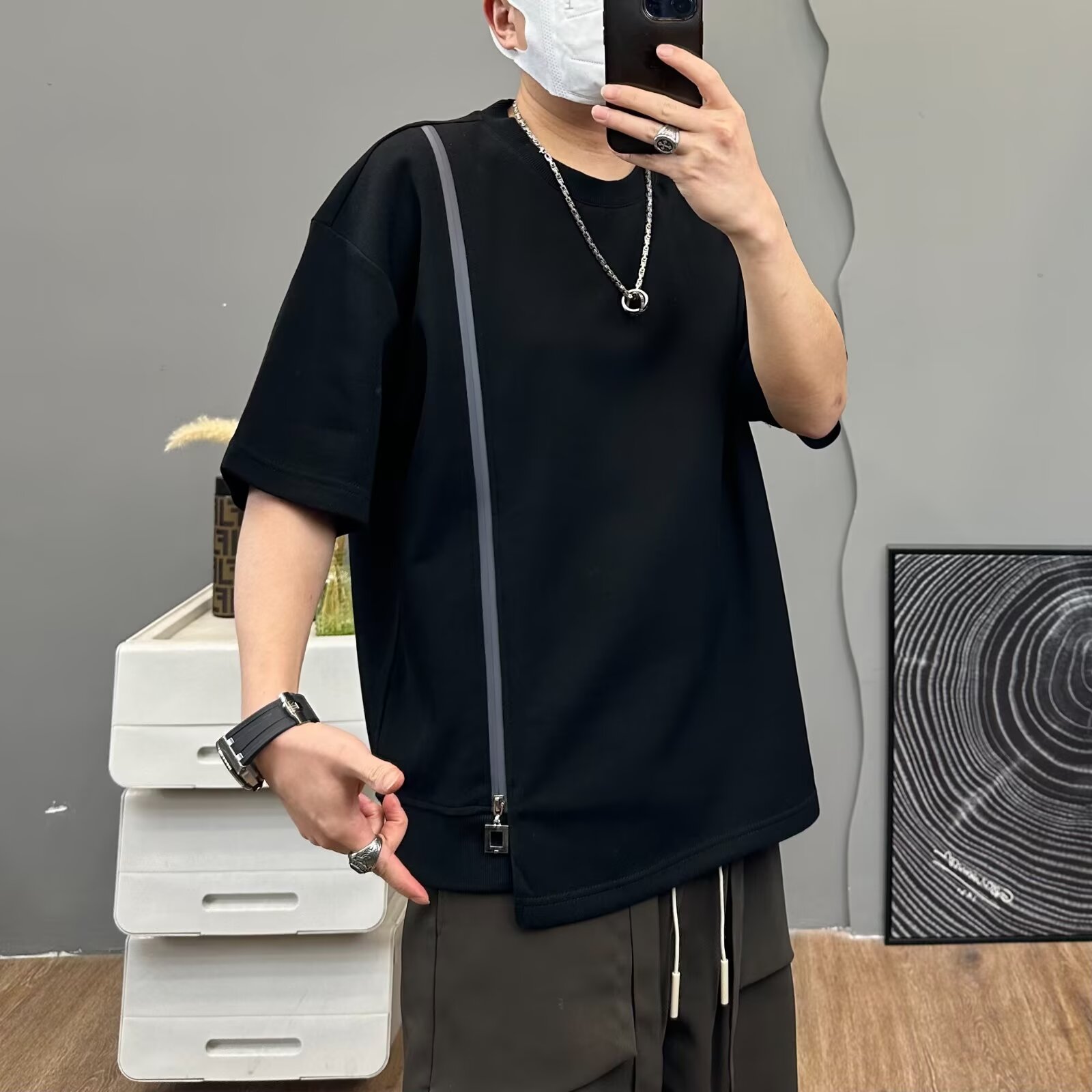 夏季新款男士个性时尚拉链设计款拼接高级感短袖T恤百搭休闲上衣