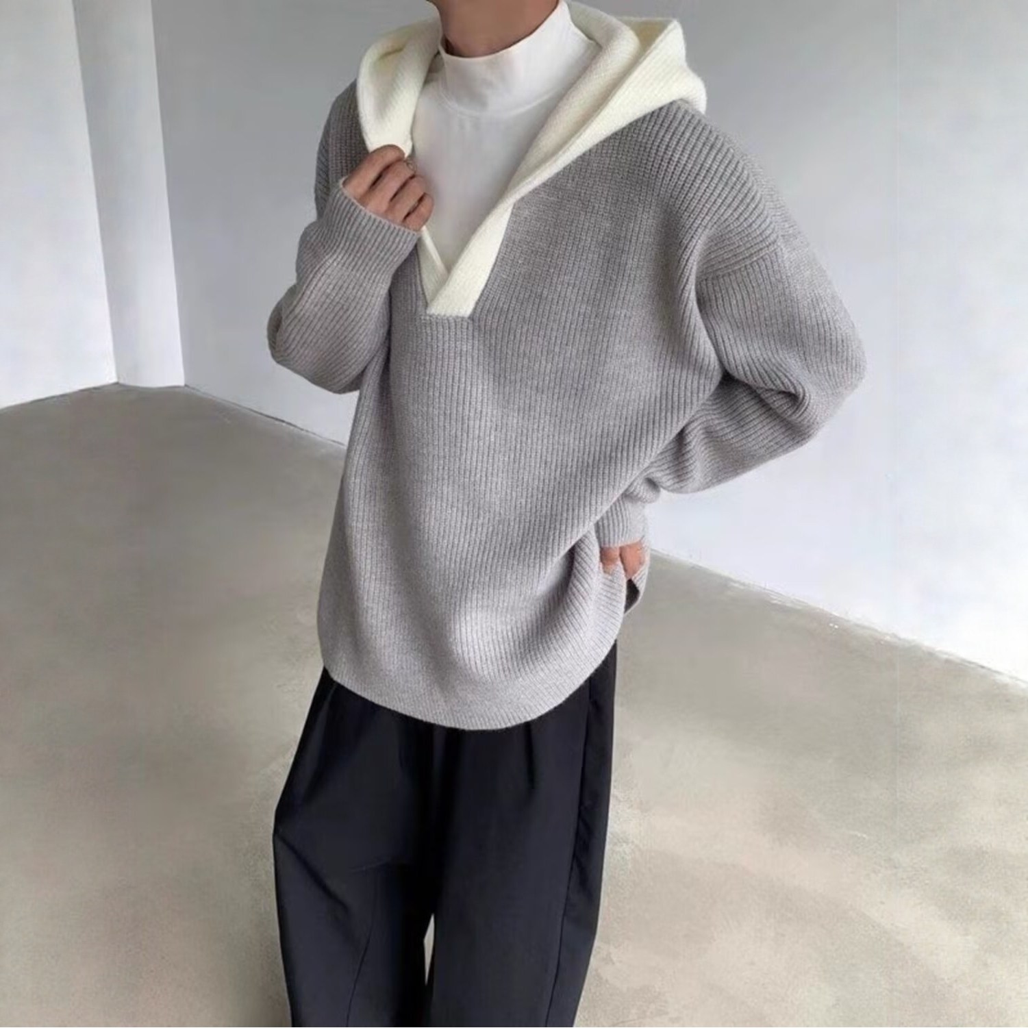 撞色连帽V领针织衫外套男女秋冬季高级感上衣cleanfit慵懒风毛衣