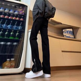 侧拉链黑色牛仔裤男款夏季高街美式vibe裤子小众设计感直筒微喇裤