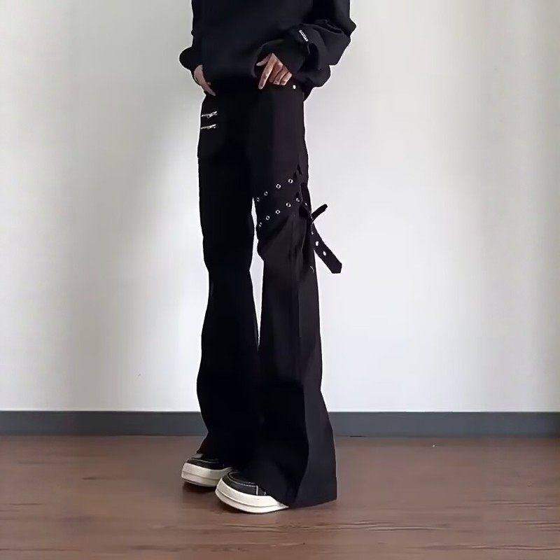 黑色绑带微喇牛仔裤男冬季美式高街vibe风裤子修身显瘦直筒工装裤