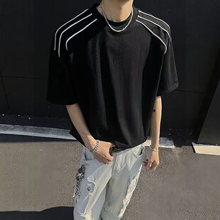 白色三条杠垫肩短袖男款夏季美式复古正肩t恤cleanfit高级感半袖