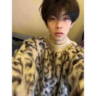 复古潮牌豹纹加厚仿貂毛软糯毛衣慵懒高级感ifashion上衣设计感男