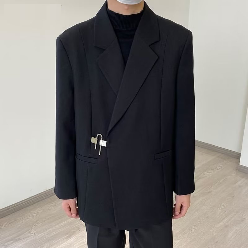 高级感白色西装男士痞帅炸街外套网红金属扣设计宽松休闲西服秋季