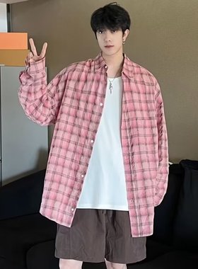 复古韩版粉红色长袖格子衬衫男女ins港风潮流高级感宽松休闲衬衣