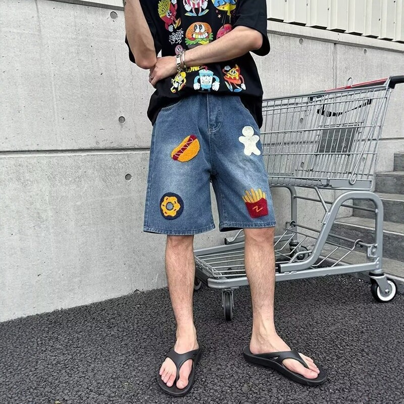 复古创意热狗汉堡毛巾绣牛仔短裤