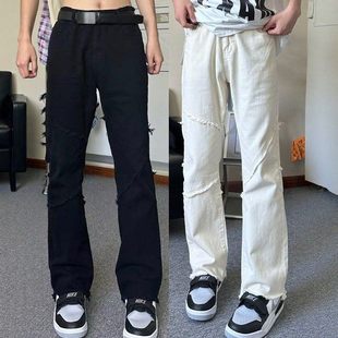 欧美vibe纯白色毛边修身微喇牛仔裤男美式高街hiphop直筒裤子夏季