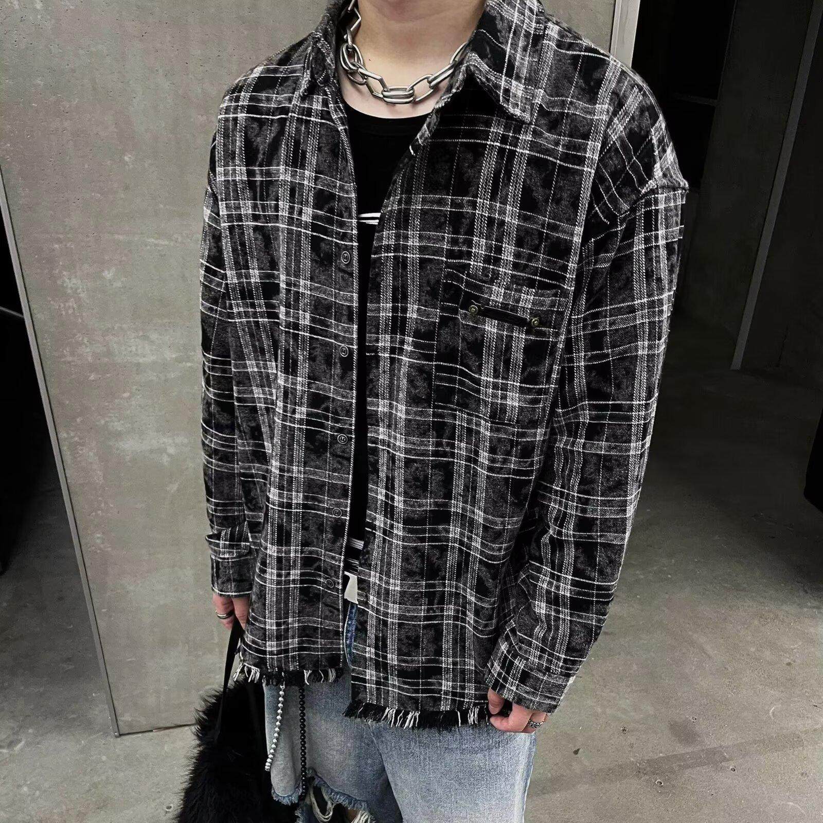 黑色格子磨毛长袖衬衫男女ins