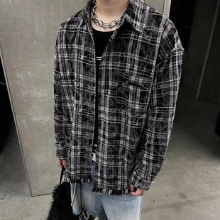 美式复古黑色格子磨毛长袖衬衫男女ins宽松情侣衬衣cityboy外套潮