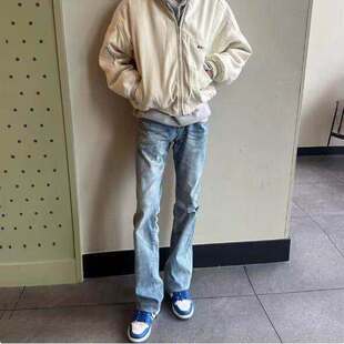 浅蓝色水洗弯刀牛仔裤男秋冬加厚美式高街vibe裤子修身直筒微喇裤