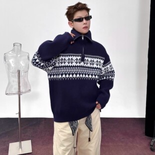 美式复古费尔岛提花半拉链高领针织衫男女宽松休闲慵懒风红色毛衣