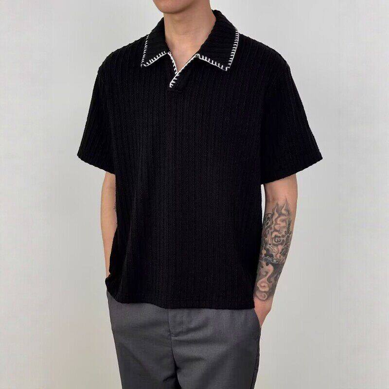 黑色辑明线正肩短宽POLO衫短袖