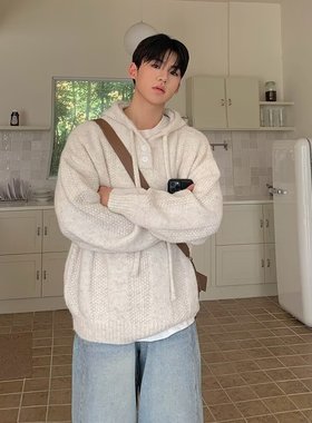 羊毛混纺深灰色连帽毛衣男款冬季美式复古cleanfit羊绒针织打底衫