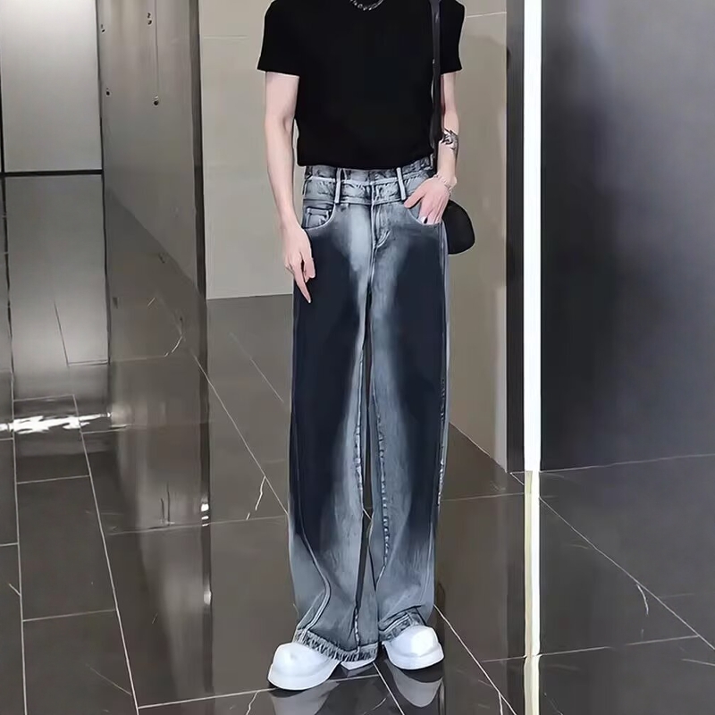 扎染渐变蓝色阔腿牛仔裤男夏季薄款美式痞帅弯刀直筒裤显腿长裤子