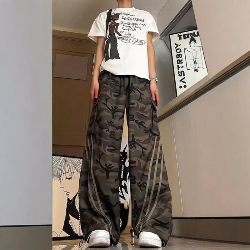 美式复古迷彩裤男款夏季薄款多口袋工装裤子宽松三条杠速干伞兵裤