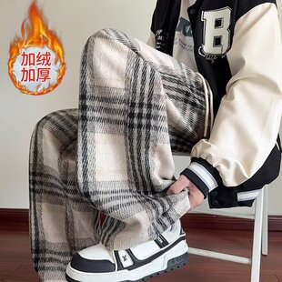 美式羊羔绒毛呢棉裤男女冬季加厚加绒休闲裤保暖防寒直筒阔腿裤子