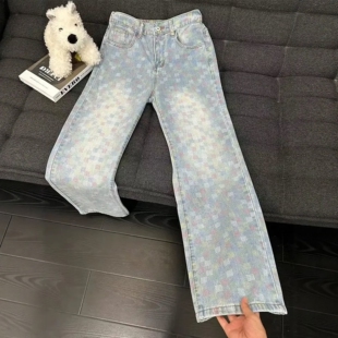 蓝色水洗格子微喇牛仔裤男款美式高街痞帅裤子cleanfit阔腿直筒裤