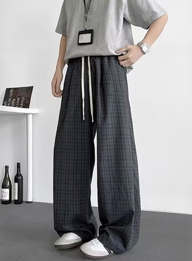 小香风灰色格子阔腿裤男夏季薄款松紧腰抽绳裤子垂坠感高腰直筒裤