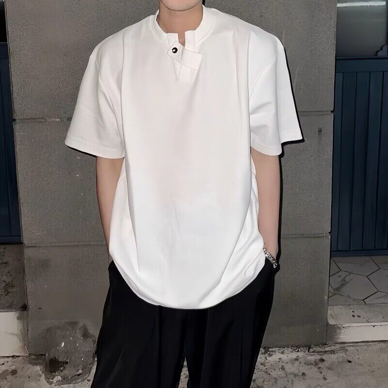 美式重磅v领纽扣短袖t恤男女