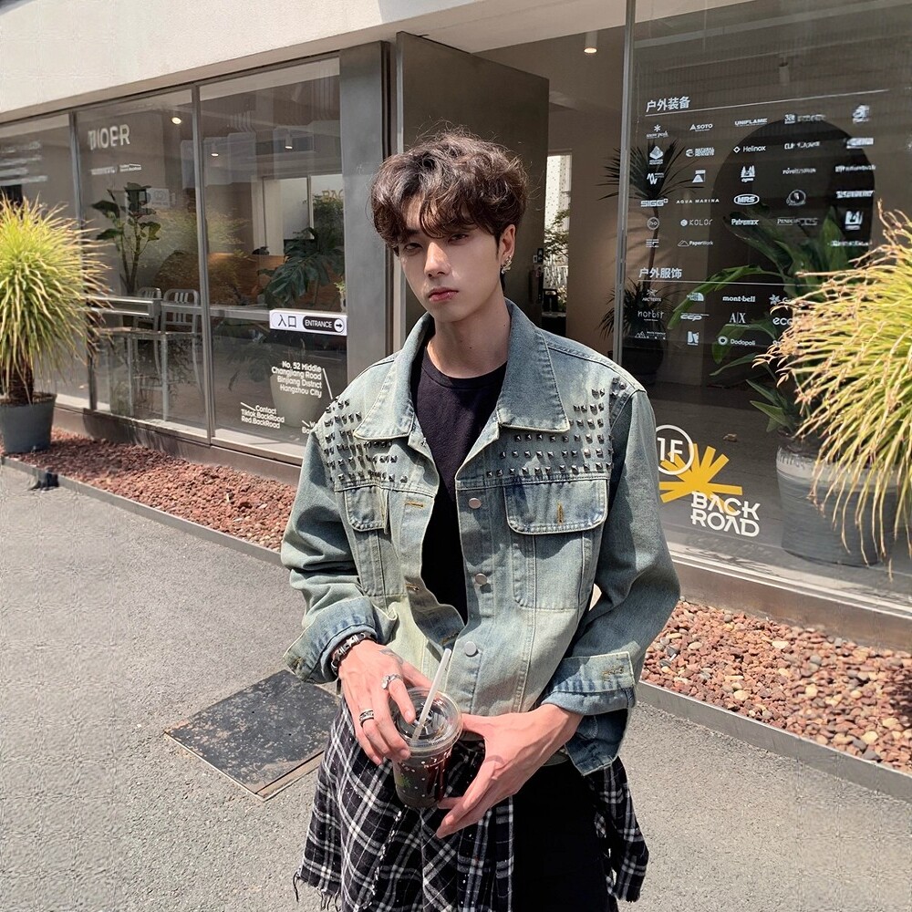 美式复古水洗重工铆钉牛仔外套男