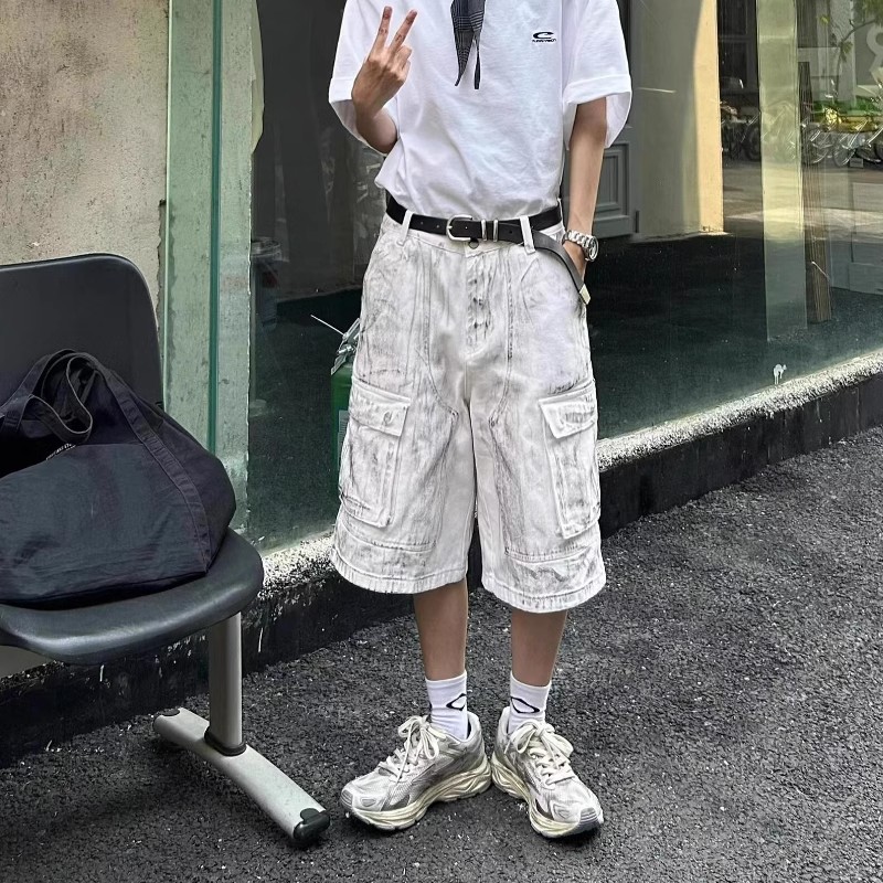 美式街头白色做脏工装牛仔短裤男多口袋设计宽松五分裤直筒七分裤