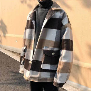 炸街外套爆款2023盐系慵懒毛呢格子大衣男秋冬装oversize棉服夹克