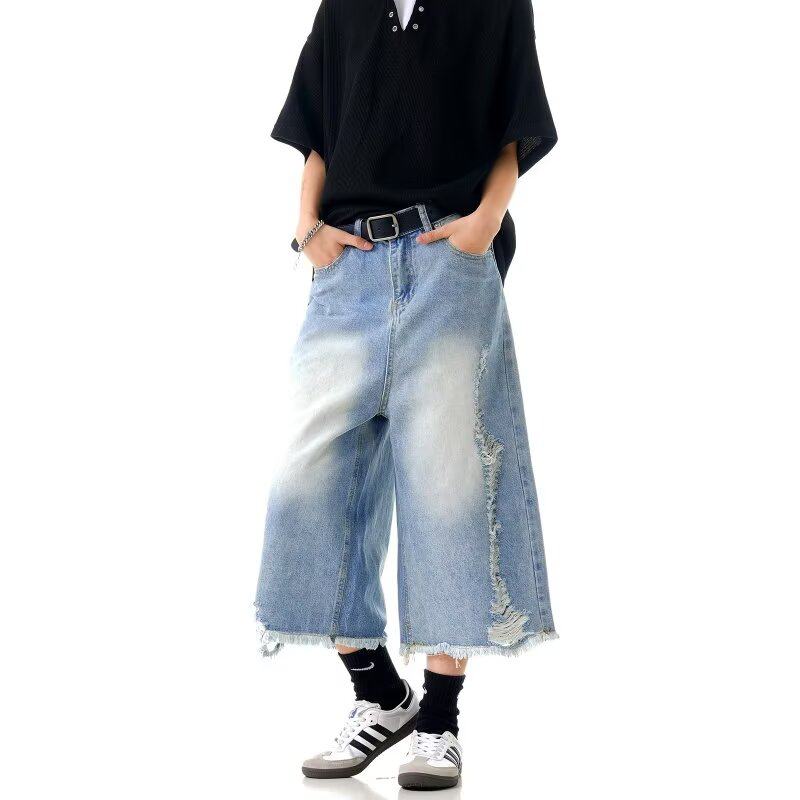 美式复古水洗破洞牛仔短裤男女