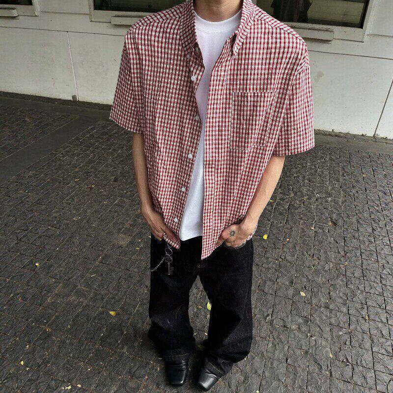 cleanfit红色格子短袖衬衫男夏季