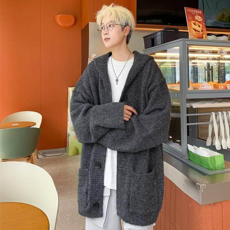 高级感灰色连帽毛衣男秋冬加肥大码潮胖人宽松慵懒风针织开衫外套
