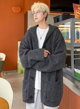 高级感灰色连帽毛衣男秋冬加肥大码潮胖人宽松慵懒风针织开衫外套