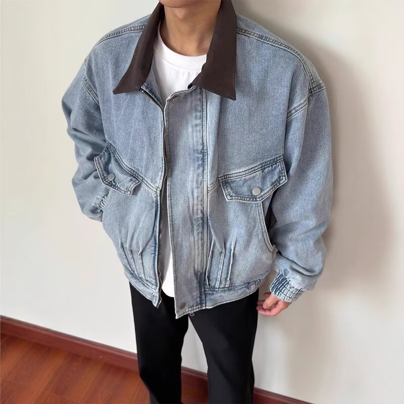 美式复古廓形褶皱牛仔夹克男女