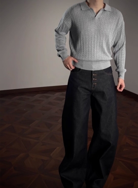 高知灰色绞花V领针织polo衫毛衣男秋冬新款老钱风高级感打底上衣