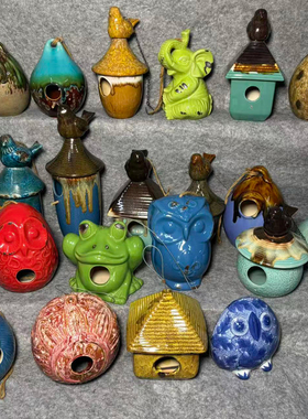 孤品陶瓷小鸟屋鸟窝装饰摆件