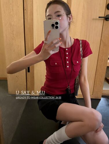 SY韩系新款时尚高品质圆领短袖纽扣设计感T恤女修身显瘦百搭上衣