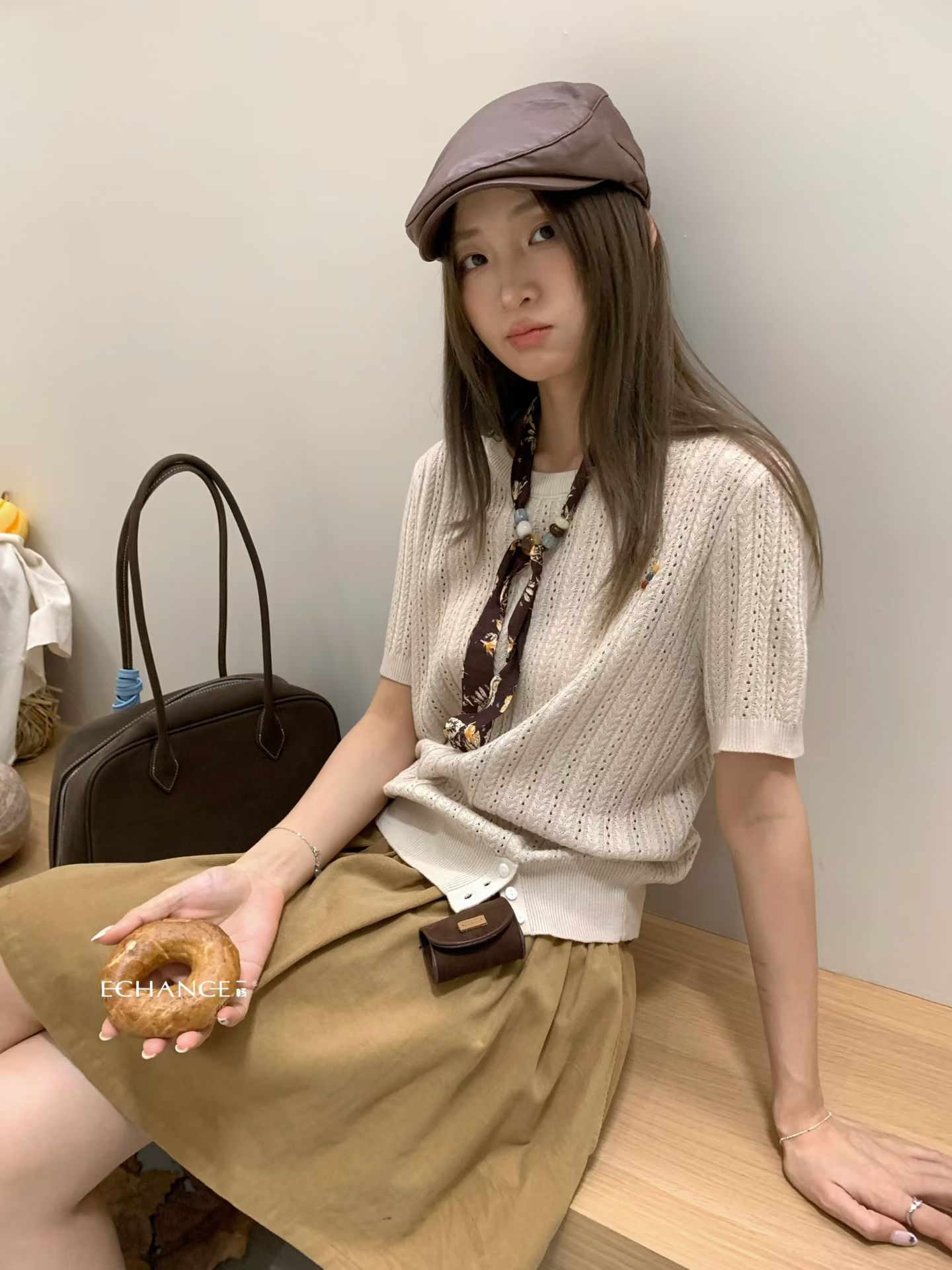 SY韩系新款时尚高品质通勤圆领短袖麻花针织衫毛衣带丝巾挂件上衣