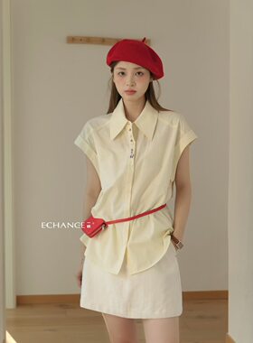 SY韩系新款时尚高品质翻领多扣设计感小众显瘦百搭短袖衬衫上衣女
