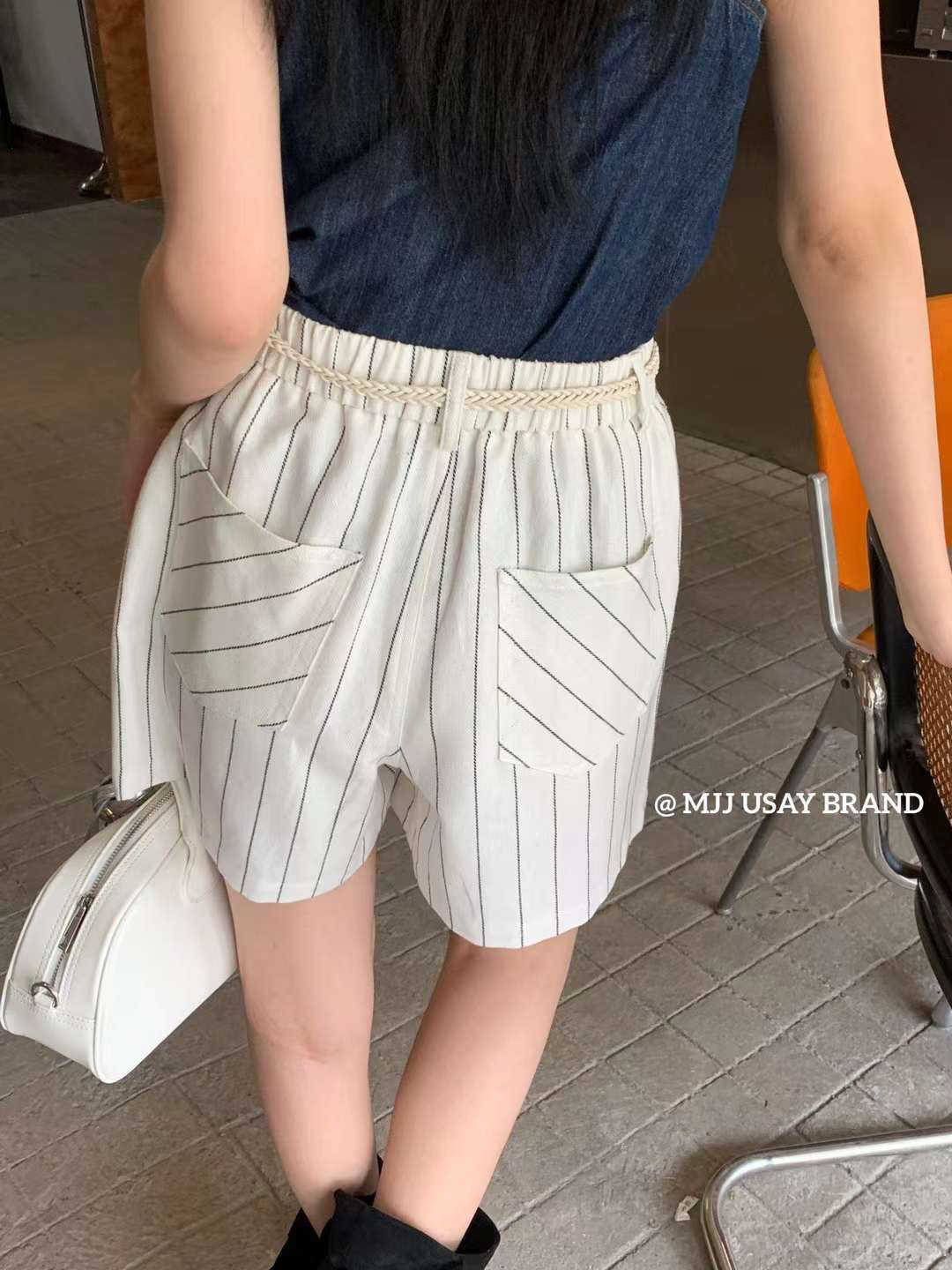 韩国新款韩版夏季时尚高腰竖条纹直筒洋气百搭短裤麻花腰带精致女