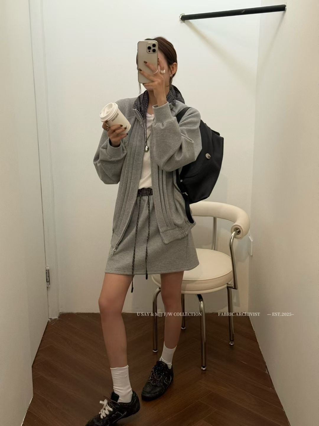 SY韩系新款时尚立领拼色格子拉链卫衣外套松紧腰抽绳半身裙两件套