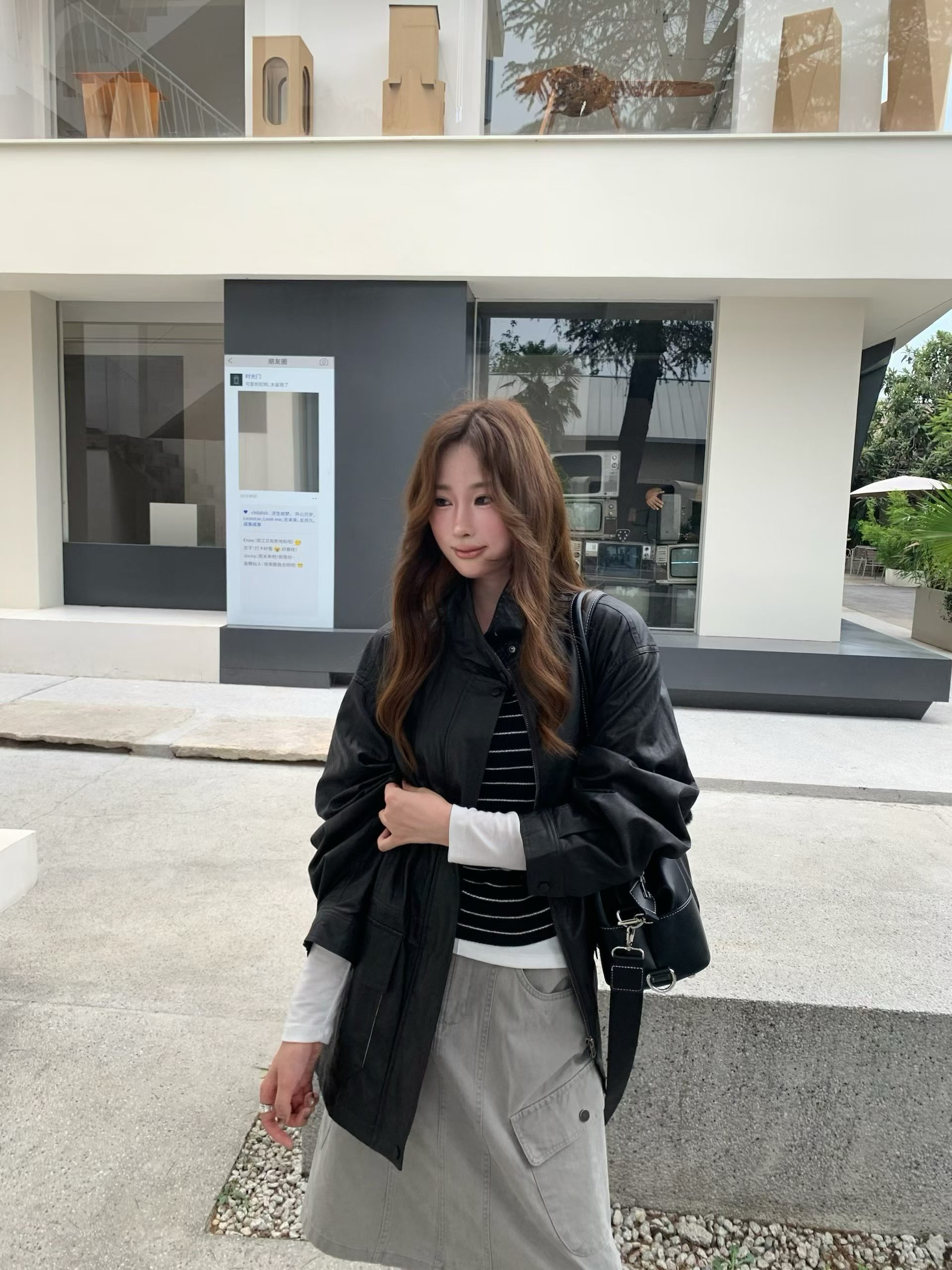 韩系新款时尚高品质设计感百搭休闲立领拉链中长款皮衣外套夹克女