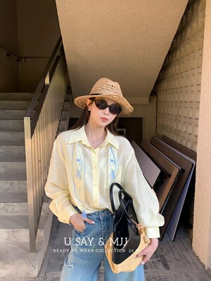 SY韩系新款时尚高品质翻领宽松休闲刺绣飘带设计感衬衫女百搭上衣