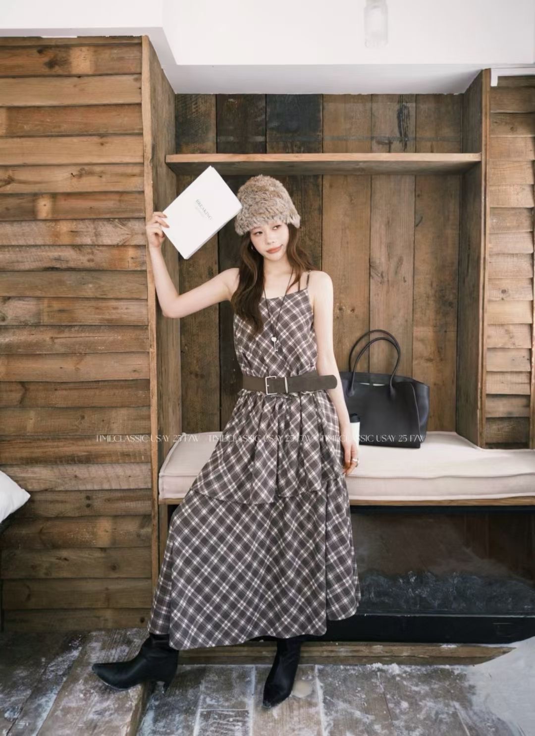 SY韩国新款时尚层层不规则绒感格子吊带裙宽松系带游牧风打底裙潮