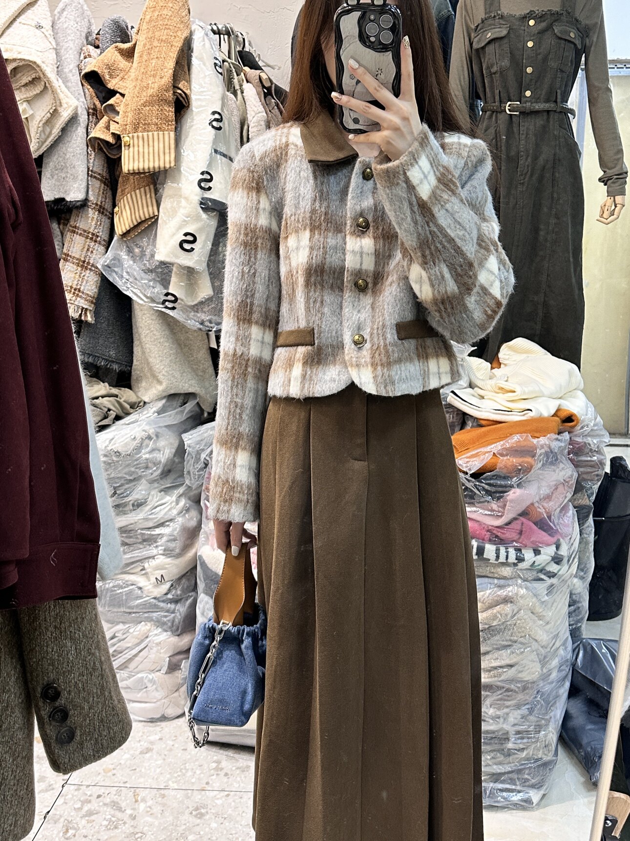 法式高级感夹棉拼色领格子外套高腰半身伞裙气质两件套时尚套装女