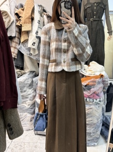 法式高级感夹棉拼色领格子外套高腰半身伞裙气质两件套时尚套装女